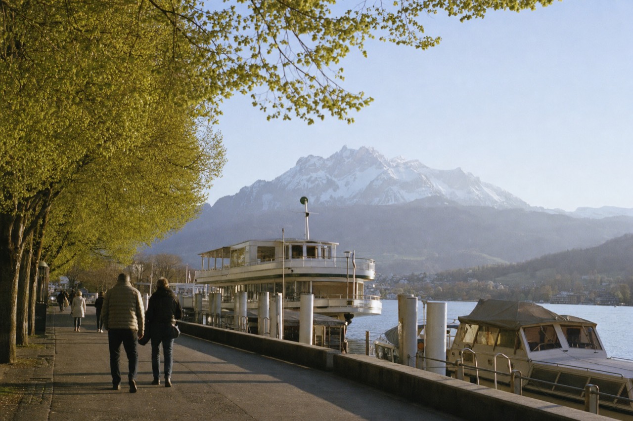 Chapel Bridge and water tower on the Reuss river in Lucerne at golden hour, no text, no logos, no people