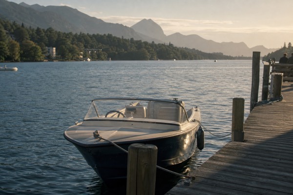 A small private motorboat moored at a wooden jetty on Lake Lucerne
