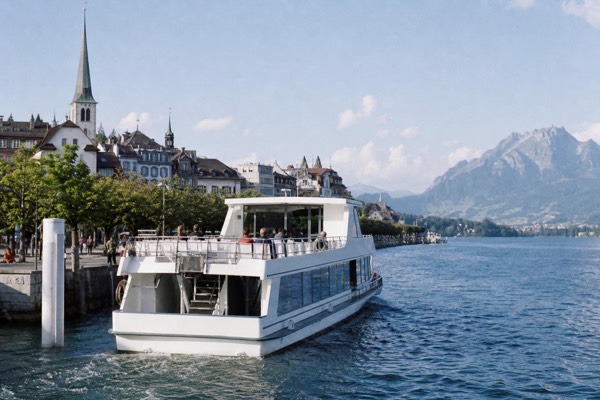 A scheduled Lake Lucerne sightseeing boat pulling away from the Lucerne quay